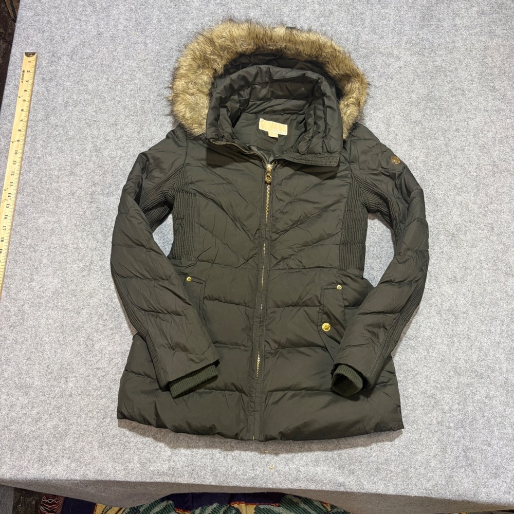Michael Michael Kors Olive Green Puffer Jacket Faux Fur Hood Gold Hardware Small